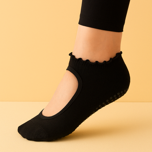 Chaussettes antidérapantes à froufrou Pilates/Yoga Noir