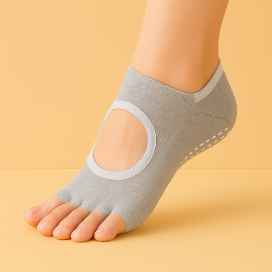 Chaussettes antidérapantes orteils libres Pilates/Yoga Gris clair
